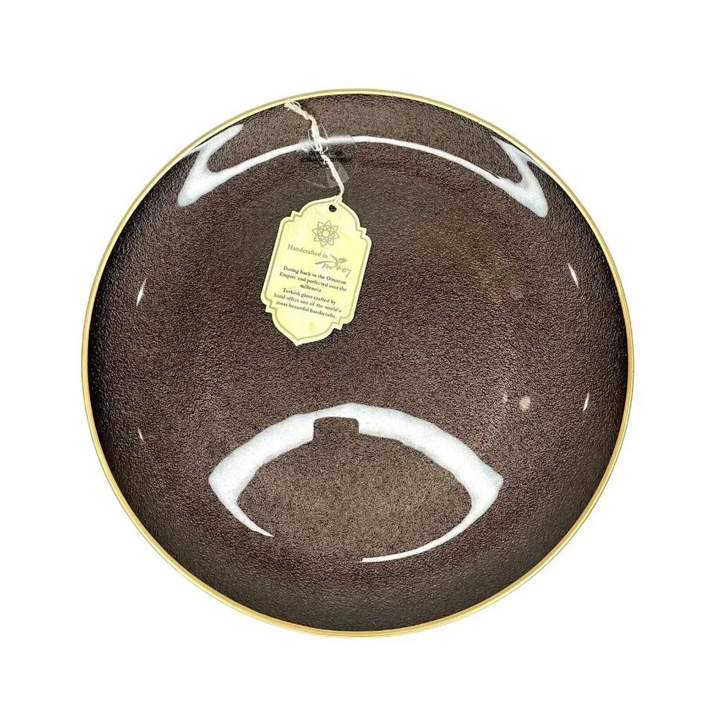 Turkish Glass 4 Charger Plates Set Brown Textured Gold Rim 13